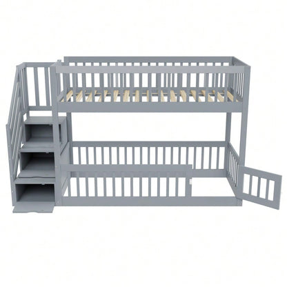 Etagenbett 90x200 Kinderbett mit Sicherheitstreppe und Schubladen, Grau Holzeinzelbett mit Stauraumbett für Kinder, Jugendliche