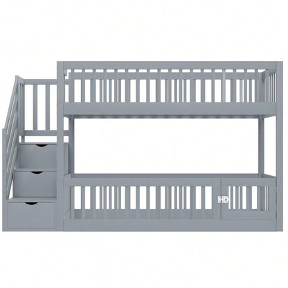 Etagenbett 90x200 Kinderbett mit Sicherheitstreppe und Schubladen, Grau Holzeinzelbett mit Stauraumbett für Kinder, Jugendliche