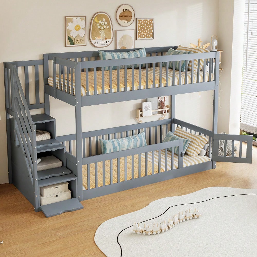 Etagenbett 90x200 Kinderbett mit Sicherheitstreppe und Schubladen, Grau Holzeinzelbett mit Stauraumbett für Kinder, Jugendliche