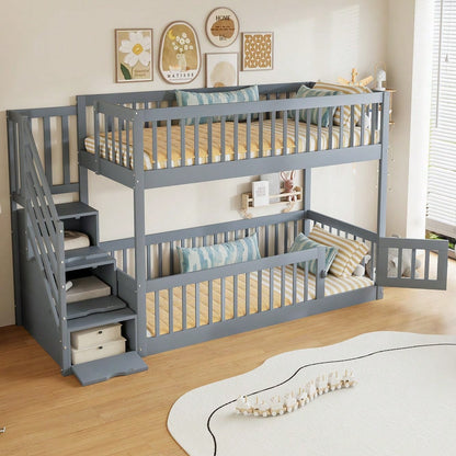 Etagenbett 90x200 Kinderbett mit Sicherheitstreppe und Schubladen, Grau Holzeinzelbett mit Stauraumbett für Kinder, Jugendliche