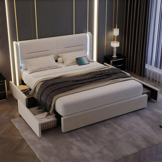 Modernes 140 x 200 cm Bettgestell mit LED-Beleuchtung im Kopfteil, 4 praktischen Aufbewahrungsschubladen, dicker Polsterung, USB-Dual-Anschlüssen und eleganten Bettflügeln für zusätzlichen, Beige