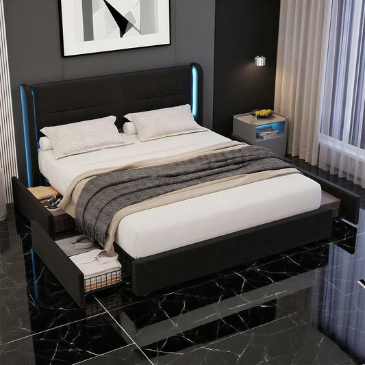 Modernes 140 x 200 cm Bettgestell mit LED-Beleuchtung im Kopfteil, 4 praktischen Aufbewahrungsschubladen, dicker Polsterung,  USB-Dual-Anschlüssen und eleganten Bettflügeln für zusätzlichen,Schwarz