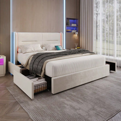 Modernes 140 x 200 cm Bettgestell mit LED-Beleuchtung im Kopfteil, 4 praktischen Aufbewahrungsschubladen, dicker Polsterung, USB-Dual-Anschlüssen und eleganten Bettflügeln für zusätzlichen, Beige