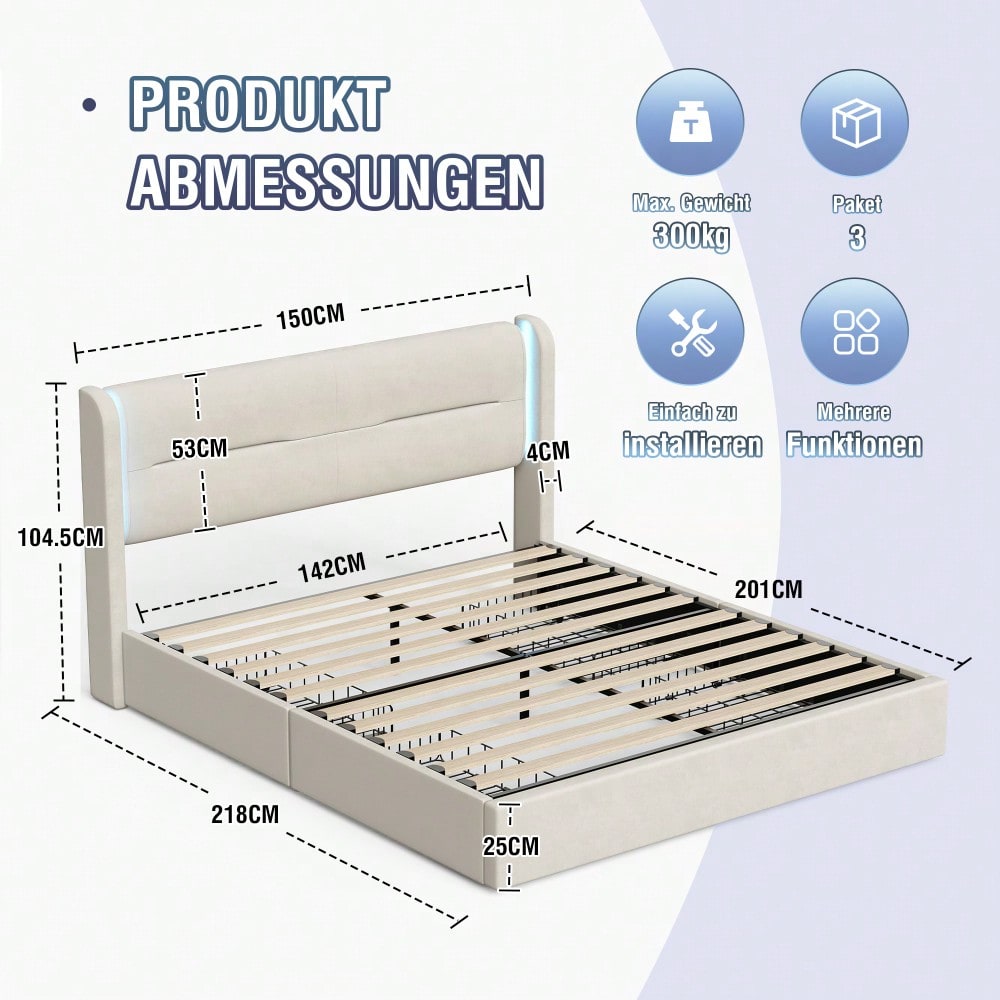 Modernes 140 x 200 cm Bettgestell mit LED-Beleuchtung im Kopfteil, 4 praktischen Aufbewahrungsschubladen, dicker Polsterung, USB-Dual-Anschlüssen und eleganten Bettflügeln für zusätzlichen, Beige