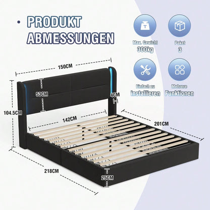 Modernes 140 x 200 cm Bettgestell mit LED-Beleuchtung im Kopfteil, 4 praktischen Aufbewahrungsschubladen, dicker Polsterung,  USB-Dual-Anschlüssen und eleganten Bettflügeln für zusätzlichen,Schwarz