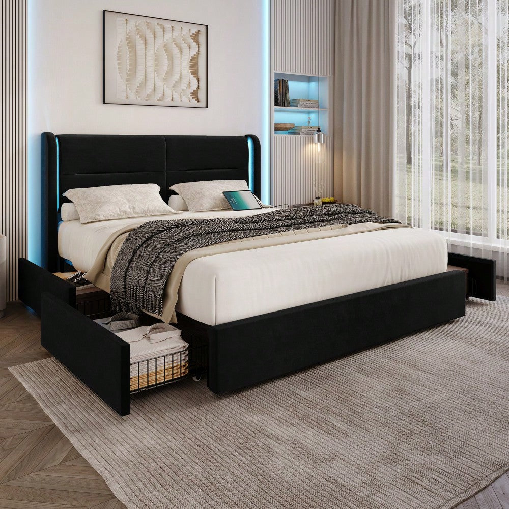 Modernes 140 x 200 cm Bettgestell mit LED-Beleuchtung im Kopfteil, 4 praktischen Aufbewahrungsschubladen, dicker Polsterung,  USB-Dual-Anschlüssen und eleganten Bettflügeln für zusätzlichen,Schwarz