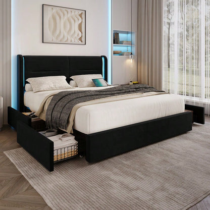 Modernes 140 x 200 cm Bettgestell mit LED-Beleuchtung im Kopfteil, 4 praktischen Aufbewahrungsschubladen, dicker Polsterung,  USB-Dual-Anschlüssen und eleganten Bettflügeln für zusätzlichen,Schwarz