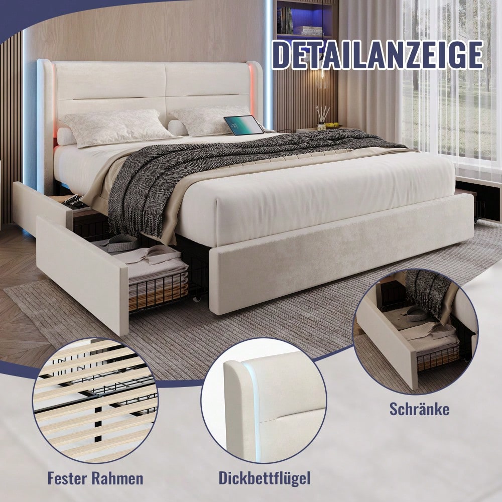 Modernes 140 x 200 cm Bettgestell mit LED-Beleuchtung im Kopfteil, 4 praktischen Aufbewahrungsschubladen, dicker Polsterung, USB-Dual-Anschlüssen und eleganten Bettflügeln für zusätzlichen, Beige