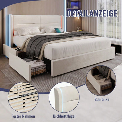 Modernes 140 x 200 cm Bettgestell mit LED-Beleuchtung im Kopfteil, 4 praktischen Aufbewahrungsschubladen, dicker Polsterung, USB-Dual-Anschlüssen und eleganten Bettflügeln für zusätzlichen, Beige