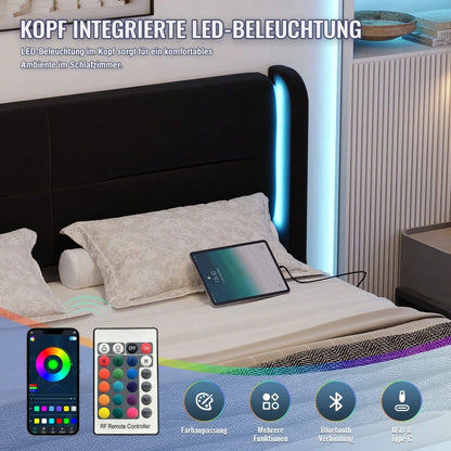 Modernes 140 x 200 cm Bettgestell mit LED-Beleuchtung im Kopfteil, 4 praktischen Aufbewahrungsschubladen, dicker Polsterung,  USB-Dual-Anschlüssen und eleganten Bettflügeln für zusätzlichen,Schwarz