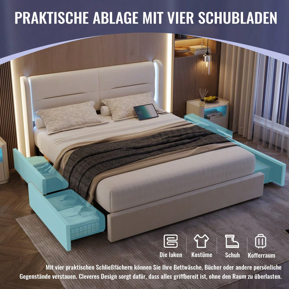 Modernes 140 x 200 cm Bettgestell mit LED-Beleuchtung im Kopfteil, 4 praktischen Aufbewahrungsschubladen, dicker Polsterung, USB-Dual-Anschlüssen und eleganten Bettflügeln für zusätzlichen, Beige