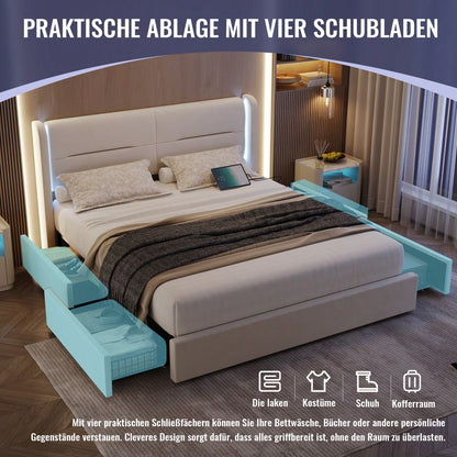 Modernes 140 x 200 cm Bettgestell mit LED-Beleuchtung im Kopfteil, 4 praktischen Aufbewahrungsschubladen, dicker Polsterung, USB-Dual-Anschlüssen und eleganten Bettflügeln für zusätzlichen, Beige