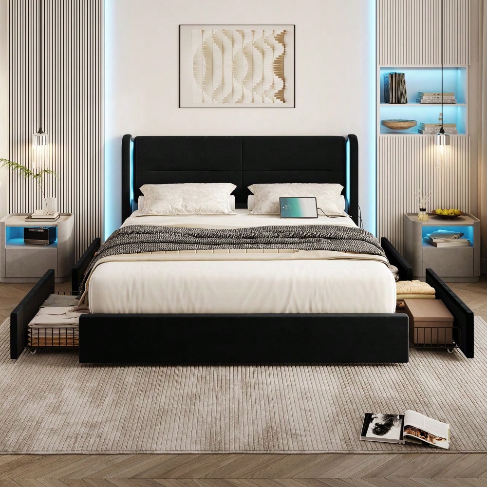 Modernes 140 x 200 cm Bettgestell mit LED-Beleuchtung im Kopfteil, 4 praktischen Aufbewahrungsschubladen, dicker Polsterung,  USB-Dual-Anschlüssen und eleganten Bettflügeln für zusätzlichen,Schwarz