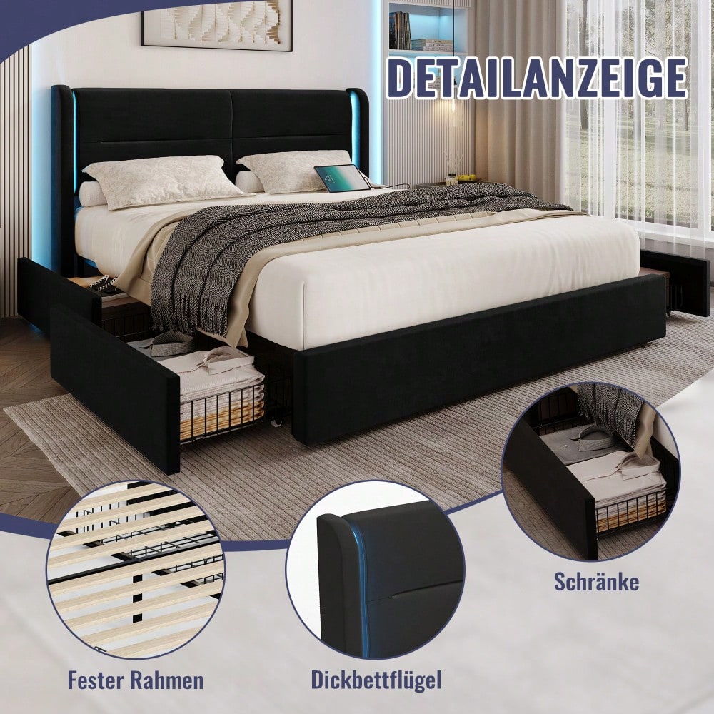 Modernes 140 x 200 cm Bettgestell mit LED-Beleuchtung im Kopfteil, 4 praktischen Aufbewahrungsschubladen, dicker Polsterung,  USB-Dual-Anschlüssen und eleganten Bettflügeln für zusätzlichen,Schwarz