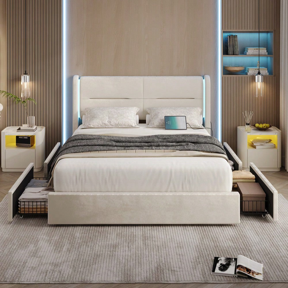 Modernes 140 x 200 cm Bettgestell mit LED-Beleuchtung im Kopfteil, 4 praktischen Aufbewahrungsschubladen, dicker Polsterung, USB-Dual-Anschlüssen und eleganten Bettflügeln für zusätzlichen, Beige