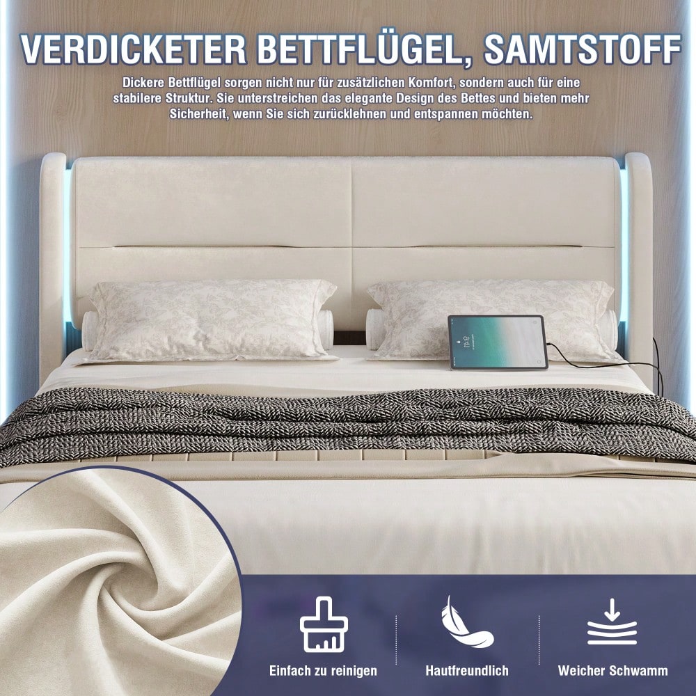Modernes 140 x 200 cm Bettgestell mit LED-Beleuchtung im Kopfteil, 4 praktischen Aufbewahrungsschubladen, dicker Polsterung, USB-Dual-Anschlüssen und eleganten Bettflügeln für zusätzlichen, Beige