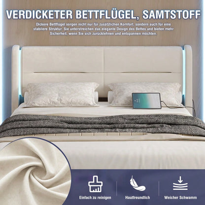 Modernes 140 x 200 cm Bettgestell mit LED-Beleuchtung im Kopfteil, 4 praktischen Aufbewahrungsschubladen, dicker Polsterung, USB-Dual-Anschlüssen und eleganten Bettflügeln für zusätzlichen, Beige