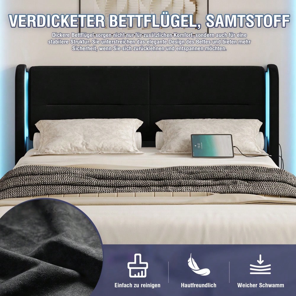 Modernes 140 x 200 cm Bettgestell mit LED-Beleuchtung im Kopfteil, 4 praktischen Aufbewahrungsschubladen, dicker Polsterung,  USB-Dual-Anschlüssen und eleganten Bettflügeln für zusätzlichen,Schwarz