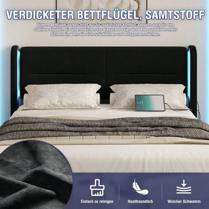 Modernes 140 x 200 cm Bettgestell mit LED-Beleuchtung im Kopfteil, 4 praktischen Aufbewahrungsschubladen, dicker Polsterung,  USB-Dual-Anschlüssen und eleganten Bettflügeln für zusätzlichen,Schwarz