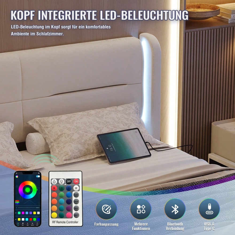 Modernes 140 x 200 cm Bettgestell mit LED-Beleuchtung im Kopfteil, 4 praktischen Aufbewahrungsschubladen, dicker Polsterung, USB-Dual-Anschlüssen und eleganten Bettflügeln für zusätzlichen, Beige