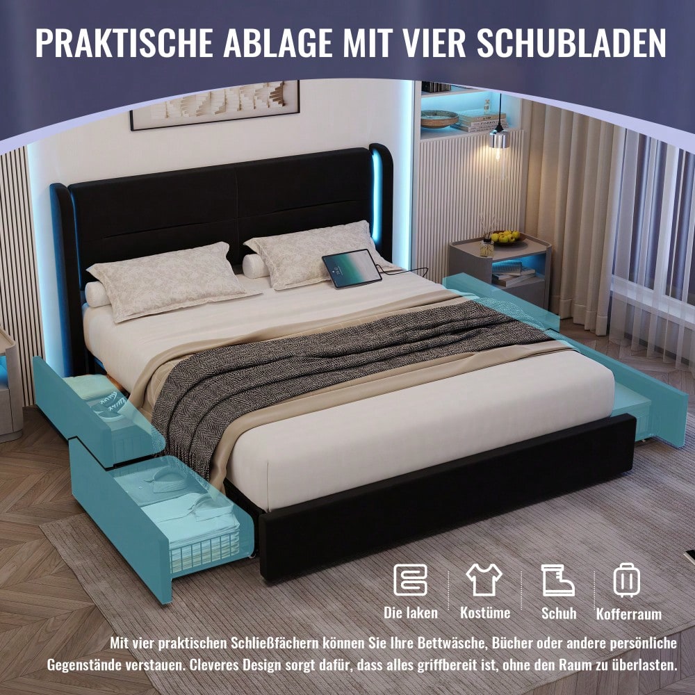 Modernes 140 x 200 cm Bettgestell mit LED-Beleuchtung im Kopfteil, 4 praktischen Aufbewahrungsschubladen, dicker Polsterung,  USB-Dual-Anschlüssen und eleganten Bettflügeln für zusätzlichen,Schwarz