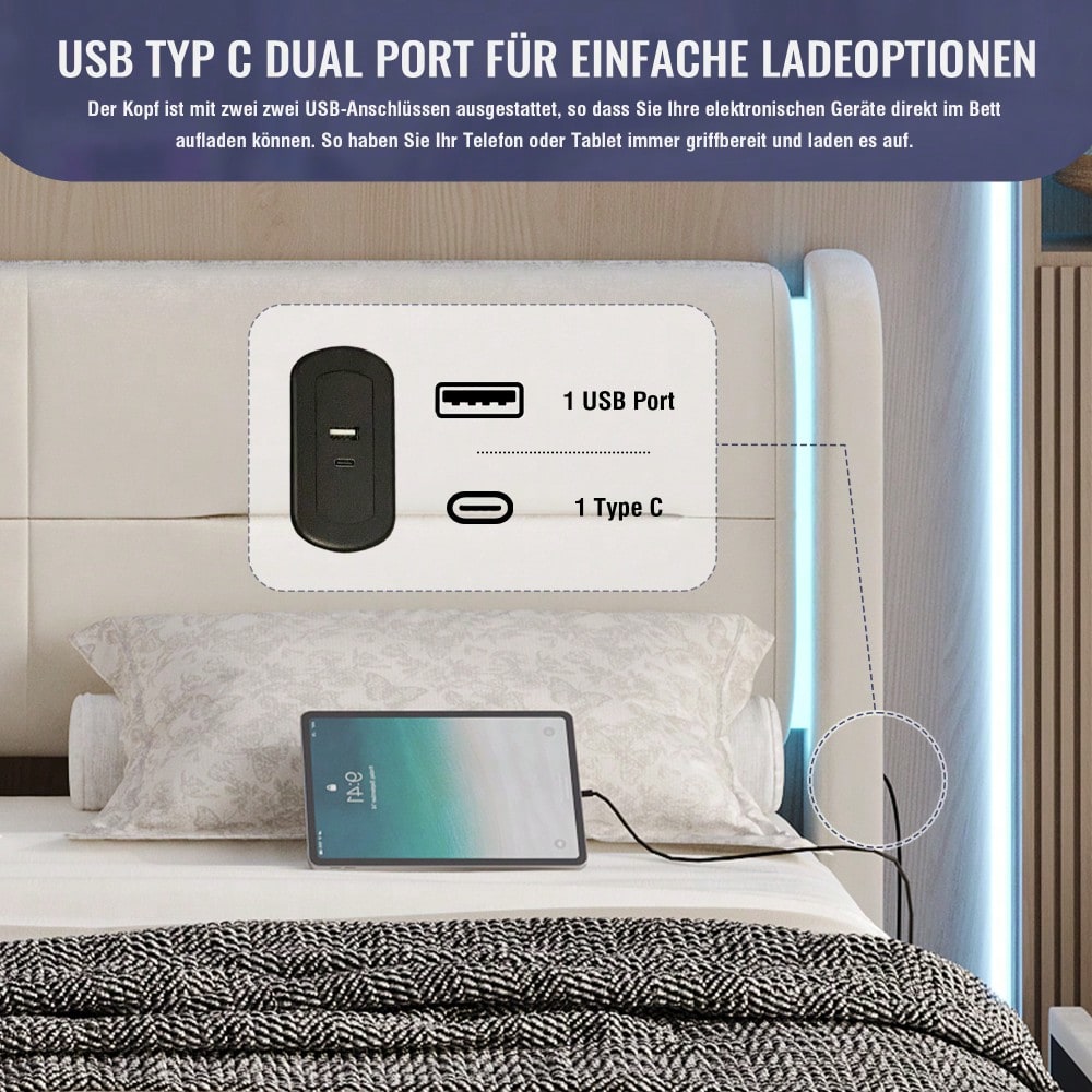 Modernes 140 x 200 cm Bettgestell mit LED-Beleuchtung im Kopfteil, 4 praktischen Aufbewahrungsschubladen, dicker Polsterung, USB-Dual-Anschlüssen und eleganten Bettflügeln für zusätzlichen, Beige