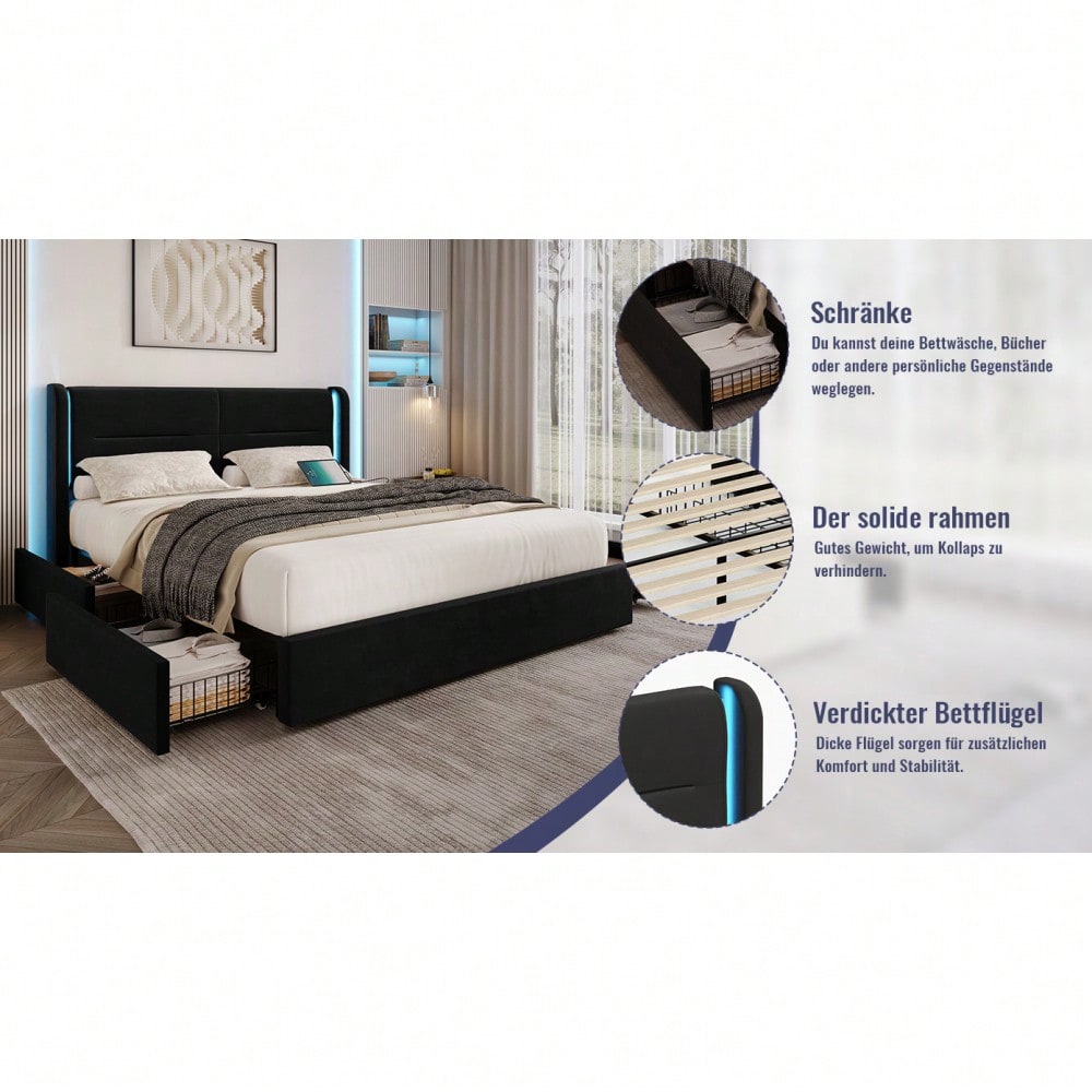 Modernes 140 x 200 cm Bettgestell mit LED-Beleuchtung im Kopfteil, 4 praktischen Aufbewahrungsschubladen, dicker Polsterung,  USB-Dual-Anschlüssen und eleganten Bettflügeln für zusätzlichen,Schwarz