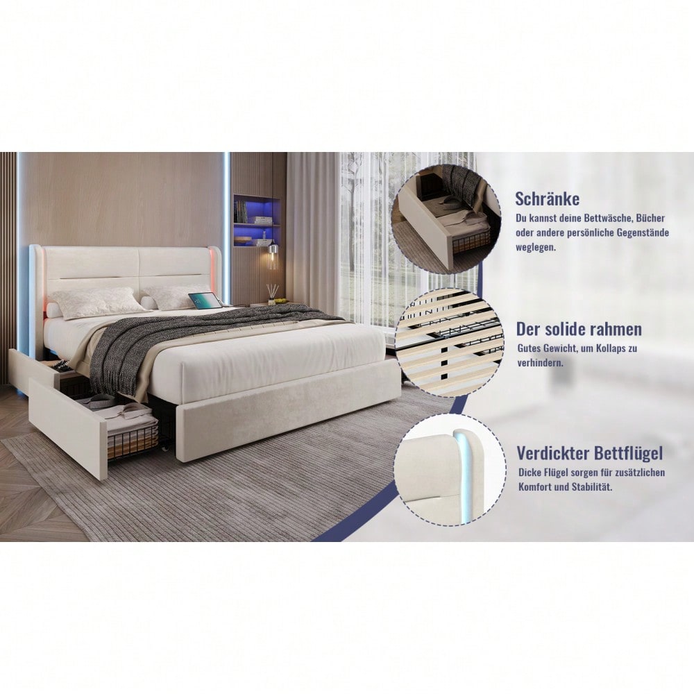 Modernes 140 x 200 cm Bettgestell mit LED-Beleuchtung im Kopfteil, 4 praktischen Aufbewahrungsschubladen, dicker Polsterung, USB-Dual-Anschlüssen und eleganten Bettflügeln für zusätzlichen, Beige