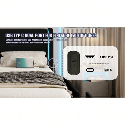 Modernes 140 x 200 cm Bettgestell mit LED-Beleuchtung im Kopfteil, 4 praktischen Aufbewahrungsschubladen, dicker Polsterung,  USB-Dual-Anschlüssen und eleganten Bettflügeln für zusätzlichen,Schwarz