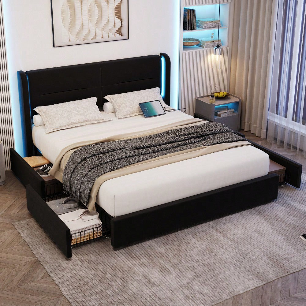 Modernes 140 x 200 cm Bettgestell mit LED-Beleuchtung im Kopfteil, 4 praktischen Aufbewahrungsschubladen, dicker Polsterung,  USB-Dual-Anschlüssen und eleganten Bettflügeln für zusätzlichen,Schwarz