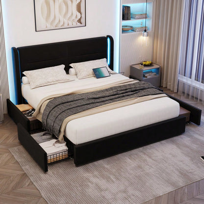 Modernes 140 x 200 cm Bettgestell mit LED-Beleuchtung im Kopfteil, 4 praktischen Aufbewahrungsschubladen, dicker Polsterung,  USB-Dual-Anschlüssen und eleganten Bettflügeln für zusätzlichen,Schwarz