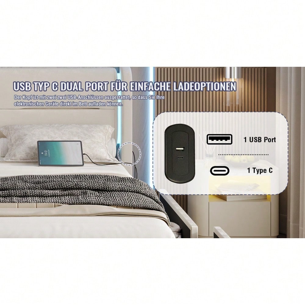 Modernes 140 x 200 cm Bettgestell mit LED-Beleuchtung im Kopfteil, 4 praktischen Aufbewahrungsschubladen, dicker Polsterung, USB-Dual-Anschlüssen und eleganten Bettflügeln für zusätzlichen, Beige