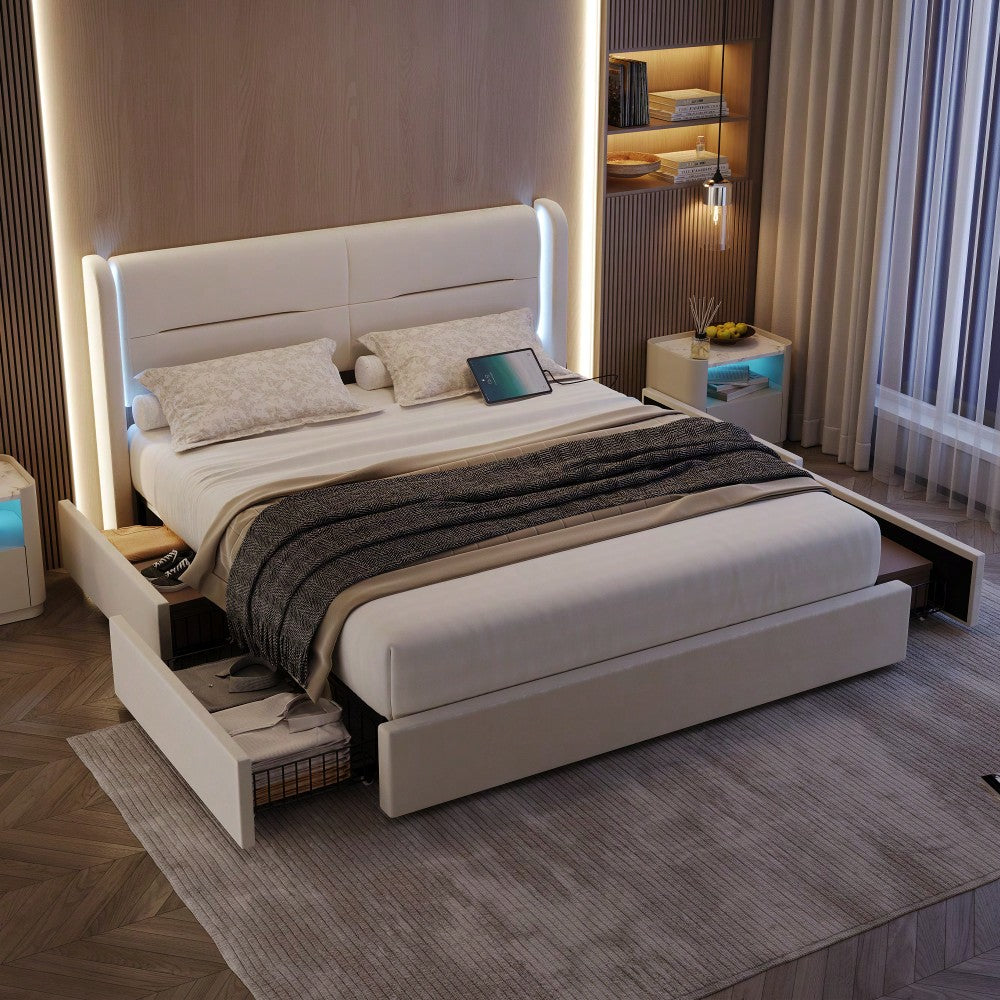 Modernes 140 x 200 cm Bettgestell mit LED-Beleuchtung im Kopfteil, 4 praktischen Aufbewahrungsschubladen, dicker Polsterung, USB-Dual-Anschlüssen und eleganten Bettflügeln für zusätzlichen, Beige