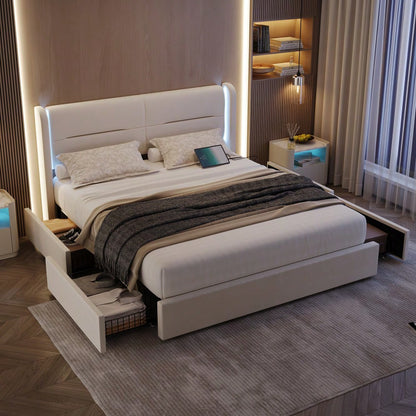 Modernes 140 x 200 cm Bettgestell mit LED-Beleuchtung im Kopfteil, 4 praktischen Aufbewahrungsschubladen, dicker Polsterung, USB-Dual-Anschlüssen und eleganten Bettflügeln für zusätzlichen, Beige