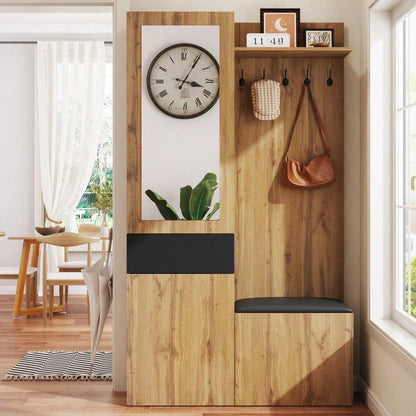 Garderobenset mit 5 Garderobenhaken, Spiegel, Schuhschrank, Einbauschrank mit oberen Regalen, Schubladen, oberen Ablagefächern, Flurgarderobenbank.