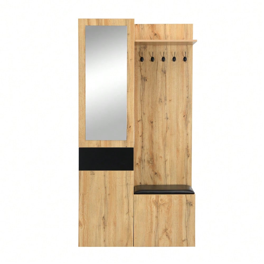 Garderobenset mit 5 Garderobenhaken, Spiegel, Schuhschrank, Einbauschrank mit oberen Regalen, Schubladen, oberen Ablagefächern, Flurgarderobenbank.