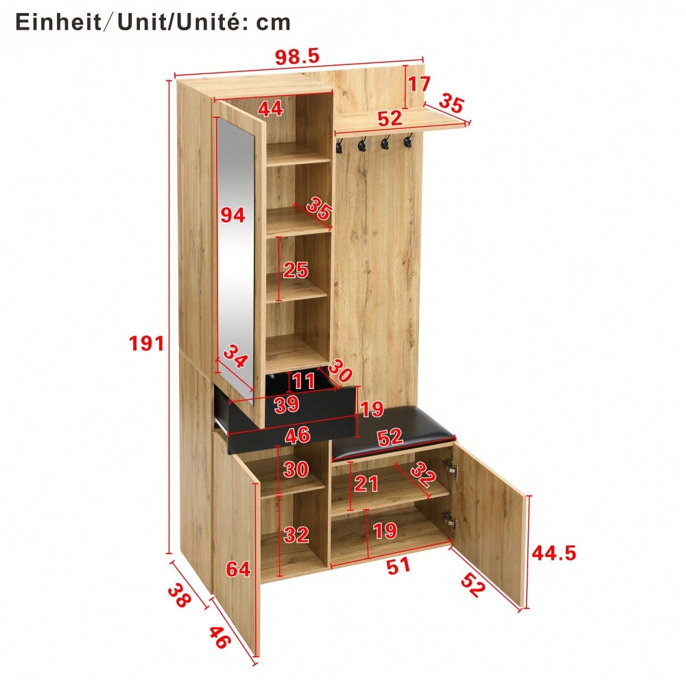 Garderobenset mit 5 Garderobenhaken, Spiegel, Schuhschrank, Einbauschrank mit oberen Regalen, Schubladen, oberen Ablagefächern, Flurgarderobenbank.