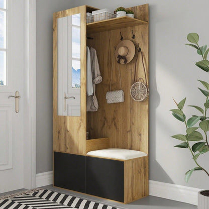 Das Kleiderschrank-Set umfasst 5 Kleiderhaken, einen Spiegel, einen Schuhschrank, ein oberes Regal mit verborgenem Bereich zum Aufhängen und eine Garderobenbank für den Flur.