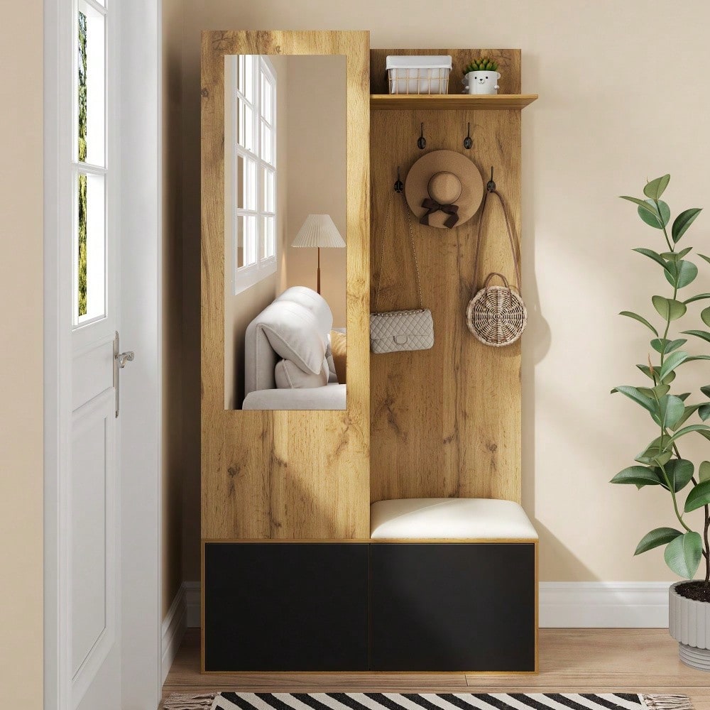 Das Kleiderschrank-Set umfasst 5 Kleiderhaken, einen Spiegel, einen Schuhschrank, ein oberes Regal mit verborgenem Bereich zum Aufhängen und eine Garderobenbank für den Flur.