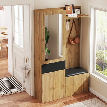Garderobenset mit 5 Garderobenhaken, Spiegel, Schuhschrank, Einbauschrank mit oberen Regalen, Schubladen, oberen Ablagefächern, Flurgarderobenbank.