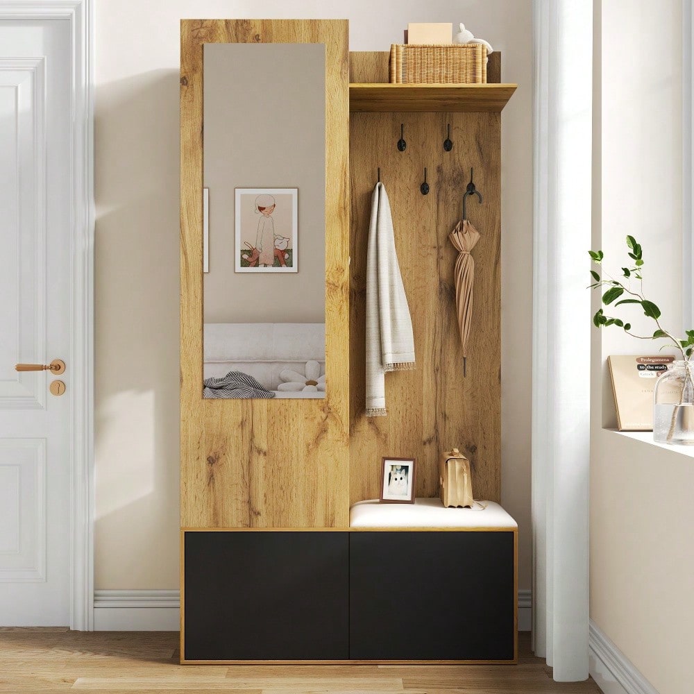 Das Kleiderschrank-Set umfasst 5 Kleiderhaken, einen Spiegel, einen Schuhschrank, ein oberes Regal mit verborgenem Bereich zum Aufhängen und eine Garderobenbank für den Flur.