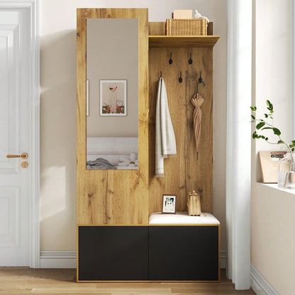 Das Kleiderschrank-Set umfasst 5 Kleiderhaken, einen Spiegel, einen Schuhschrank, ein oberes Regal mit verborgenem Bereich zum Aufhängen und eine Garderobenbank für den Flur.