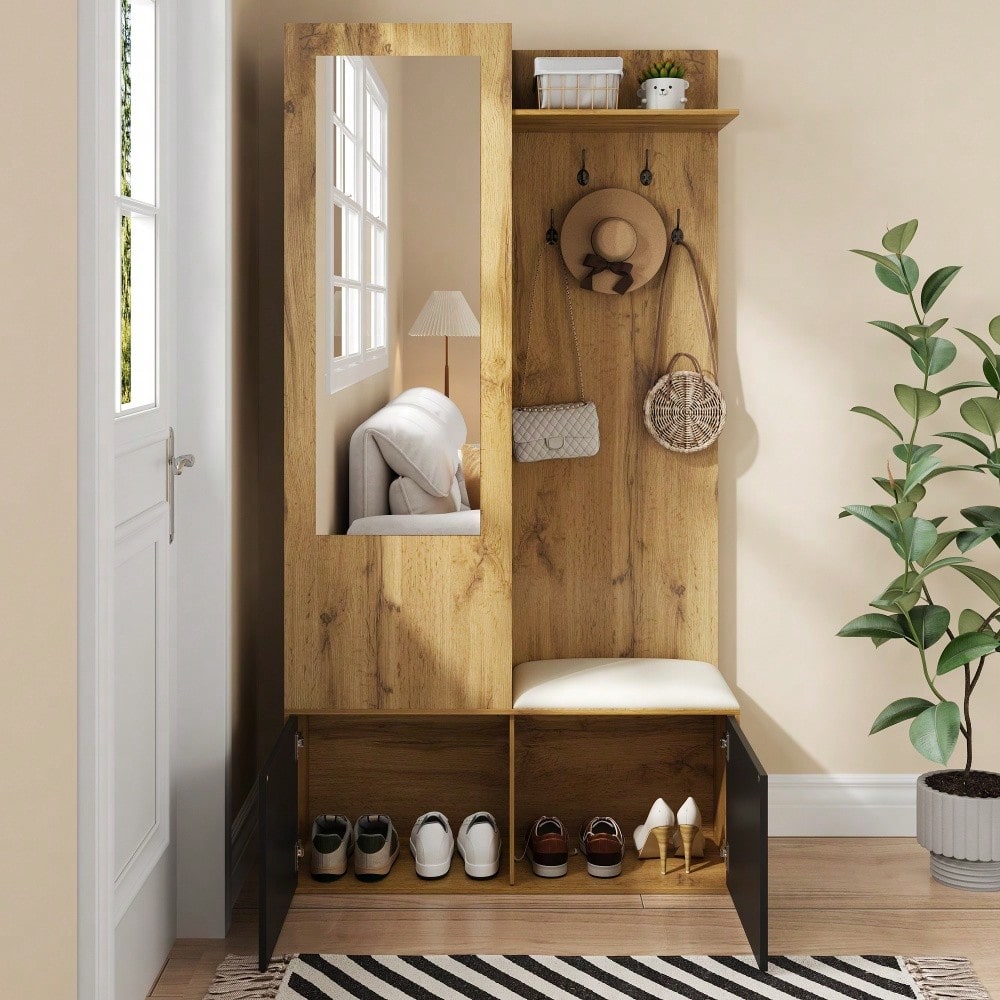 Das Kleiderschrank-Set umfasst 5 Kleiderhaken, einen Spiegel, einen Schuhschrank, ein oberes Regal mit verborgenem Bereich zum Aufhängen und eine Garderobenbank für den Flur.