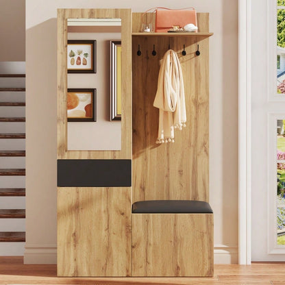 Garderobenset mit 5 Garderobenhaken, Spiegel, Schuhschrank, Einbauschrank mit oberen Regalen, Schubladen, oberen Ablagefächern, Flurgarderobenbank.