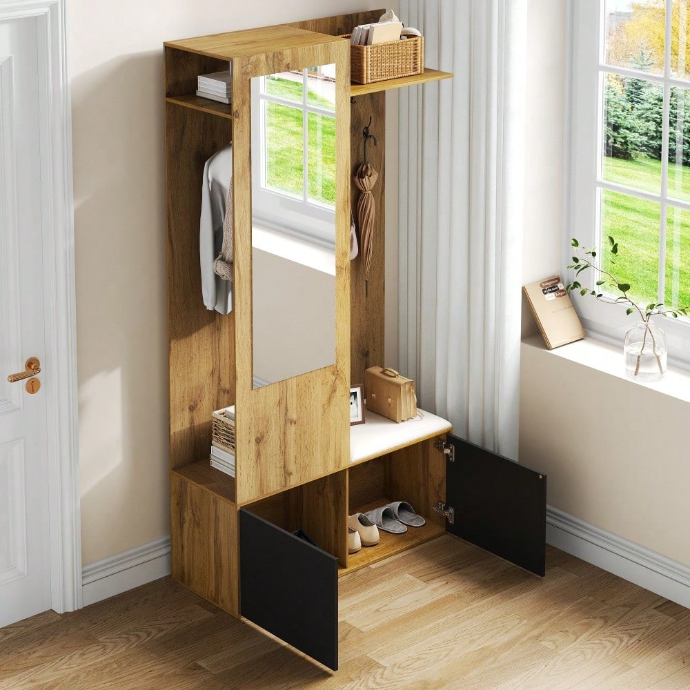 Das Kleiderschrank-Set umfasst 5 Kleiderhaken, einen Spiegel, einen Schuhschrank, ein oberes Regal mit verborgenem Bereich zum Aufhängen und eine Garderobenbank für den Flur.
