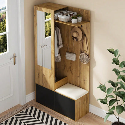 Das Kleiderschrank-Set umfasst 5 Kleiderhaken, einen Spiegel, einen Schuhschrank, ein oberes Regal mit verborgenem Bereich zum Aufhängen und eine Garderobenbank für den Flur.