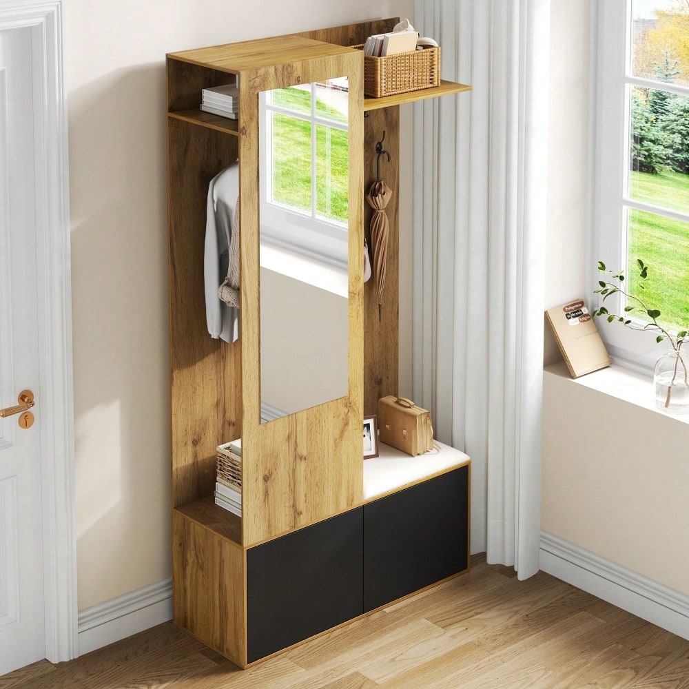 Das Kleiderschrank-Set umfasst 5 Kleiderhaken, einen Spiegel, einen Schuhschrank, ein oberes Regal mit verborgenem Bereich zum Aufhängen und eine Garderobenbank für den Flur.