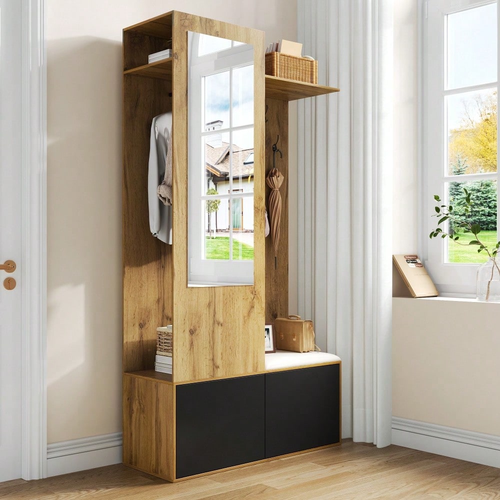 Das Kleiderschrank-Set umfasst 5 Kleiderhaken, einen Spiegel, einen Schuhschrank, ein oberes Regal mit verborgenem Bereich zum Aufhängen und eine Garderobenbank für den Flur.