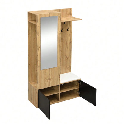 Das Kleiderschrank-Set umfasst 5 Kleiderhaken, einen Spiegel, einen Schuhschrank, ein oberes Regal mit verborgenem Bereich zum Aufhängen und eine Garderobenbank für den Flur.