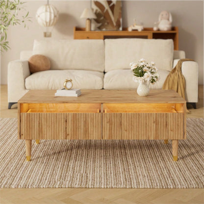 Dieser moderne LED-Couchtisch verfügt über eine gewellte Schubladenplatte, gold-holzfarbene Beine, zwei Schubladen und einen farbwechselnden LED-Lichtstreifen